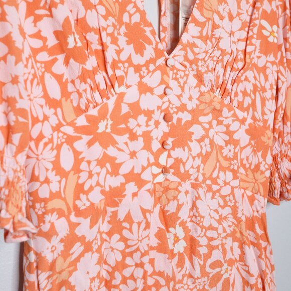 MINKPINK Marli Floral Mini Dress Orange Pink V-Neck Puff Sleeve Keyhole Back - Picture 7 of 16